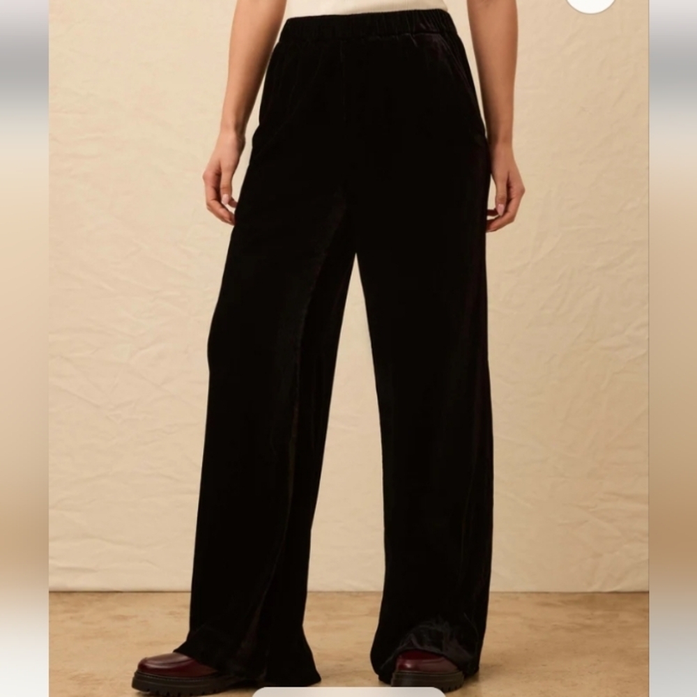 Faherty Women's Stretch Silk Velvet Genevieve Pant In Black Wide Leg Size XXL